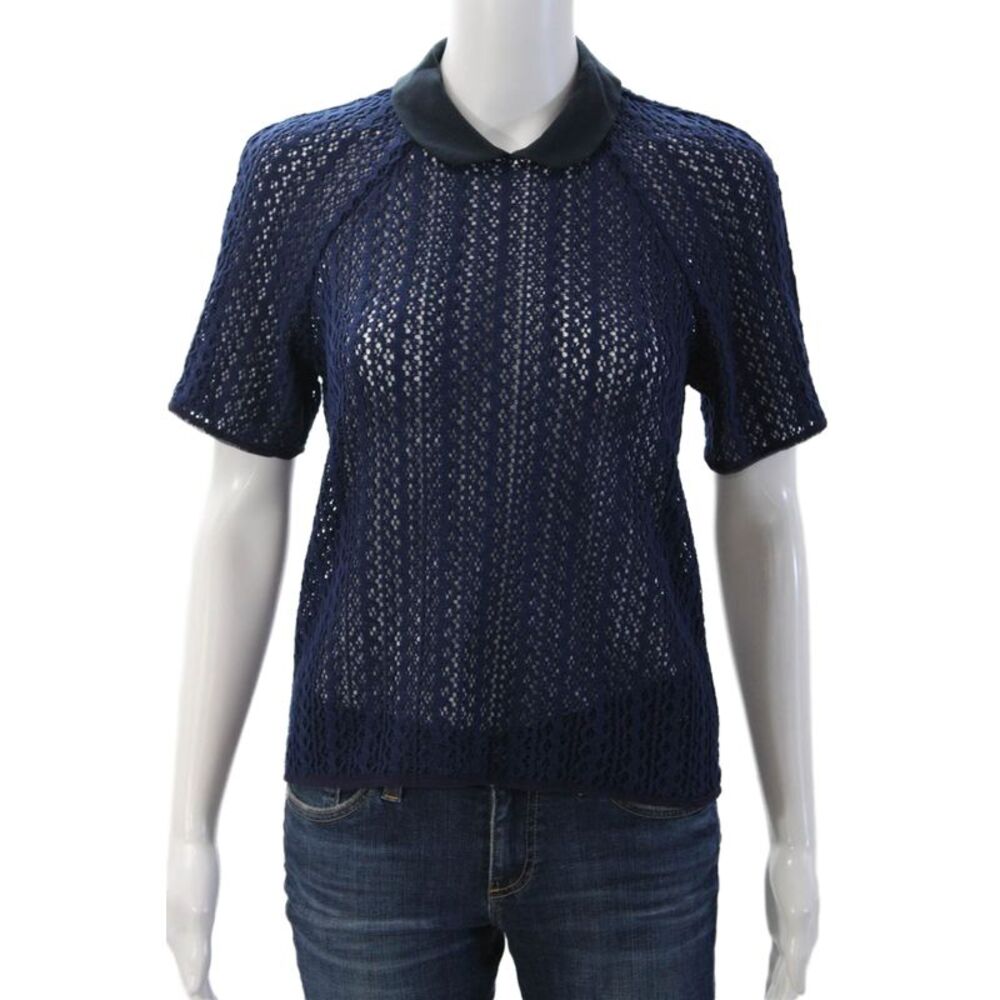 Charlotte Ronson Women Collared Dark Blue Short Sleeve Designer Blouse Size S